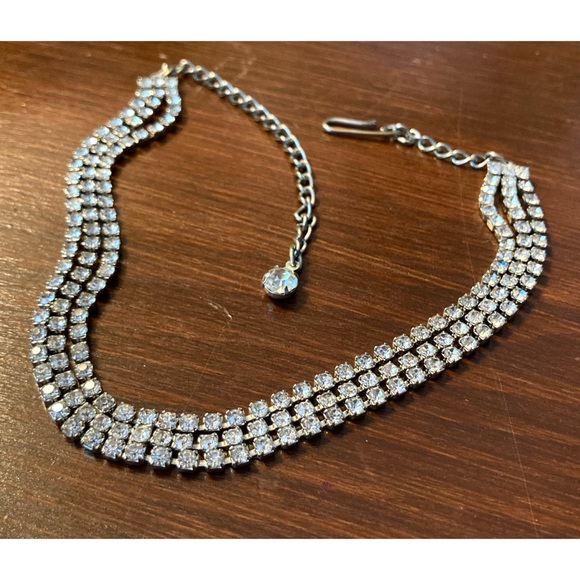 Vintage Jewelry - Vintage Rhinestone Choker Triple Strand Silvertone